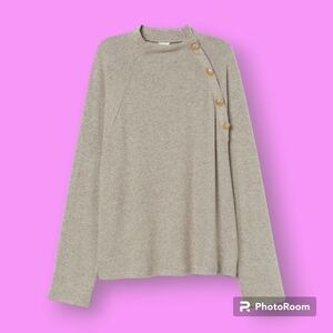 H&M Beige & Gold Button Fine-Knit Mock Neck Sweater Size Large